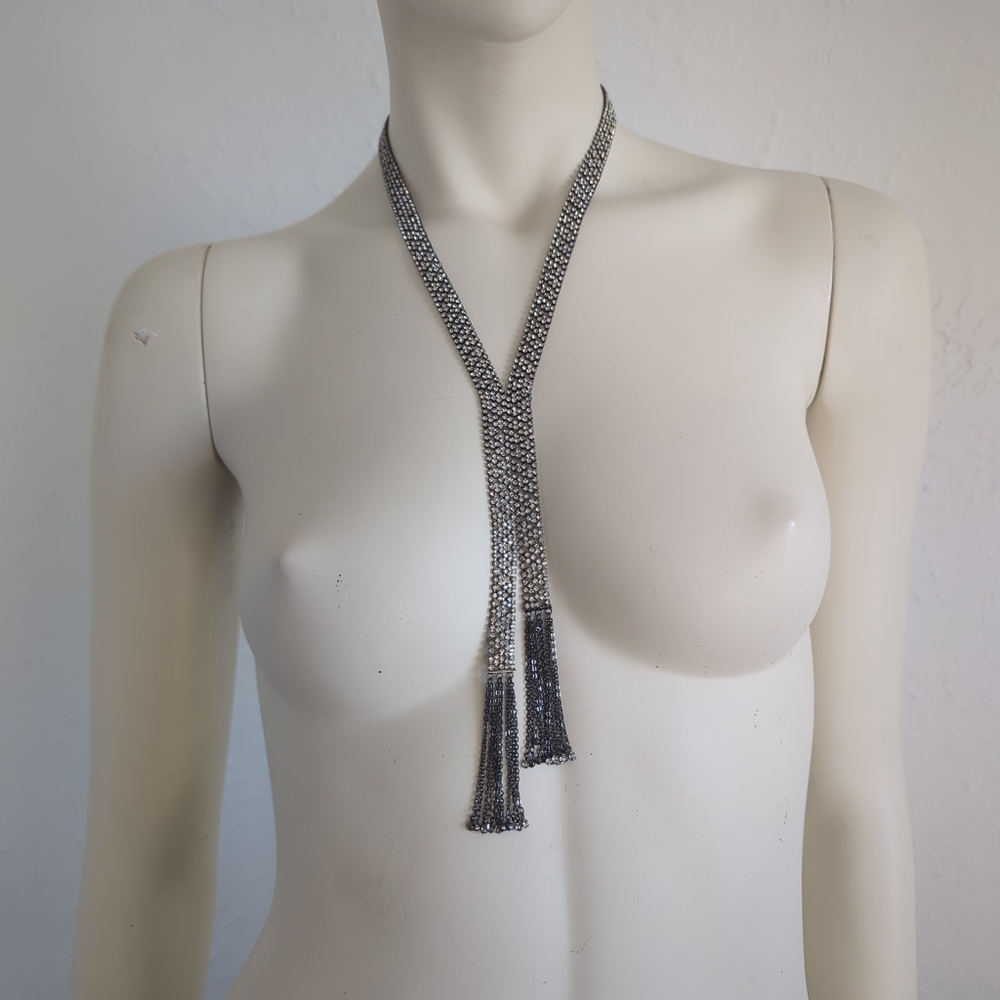 Rare! Ralph Lauren Petite Rhinestone Mesh Fringe Deco Flapper Necklace